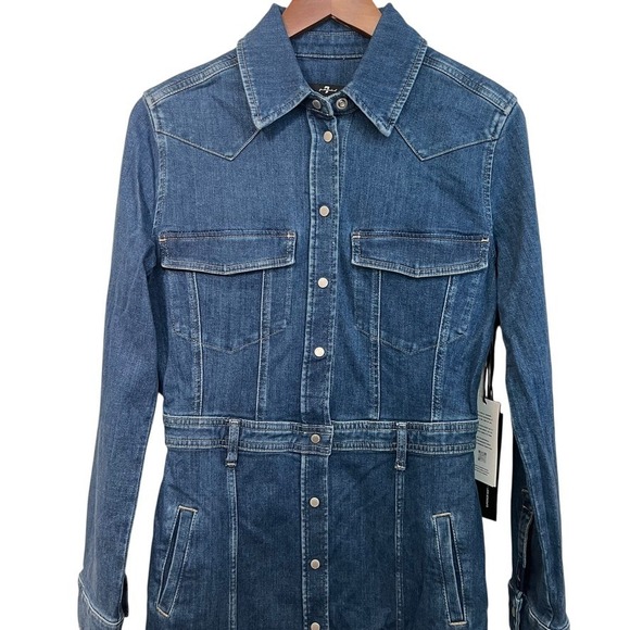 7FAM Luxe Denim Button Down Dress M Italian Fabric Long Sleeve Western NWT - Picture 2 of 11